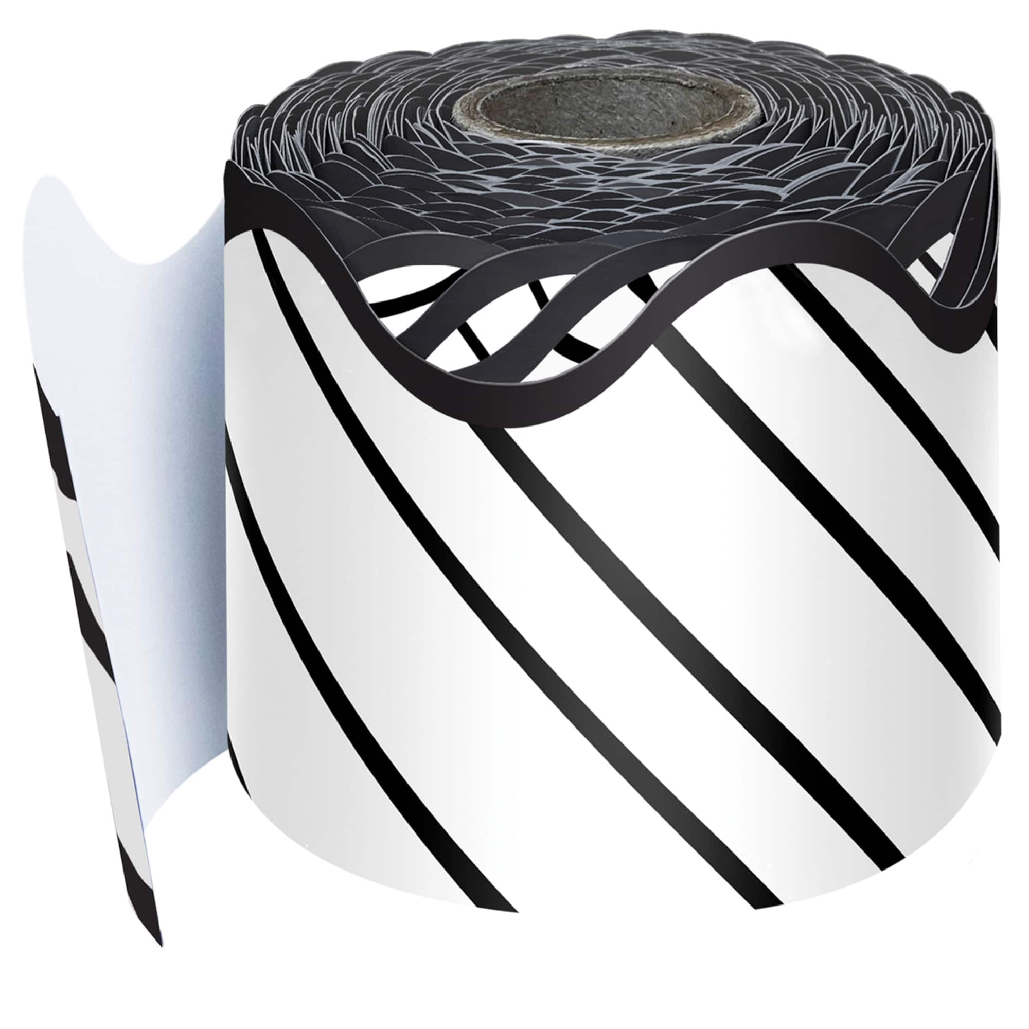 Carson Dellosa® Kind Vibes Black & White Stripes Rolled Scalloped Border, 195ft.